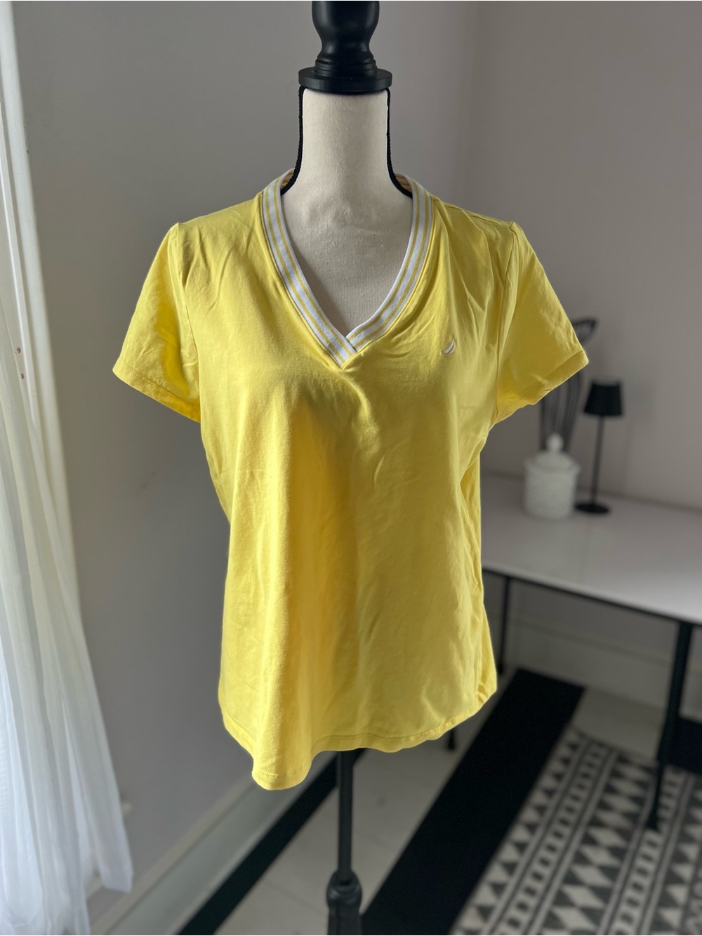 Nautica Yellow V-Neck Tee with Striped Trim